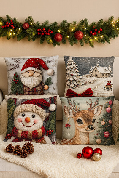 CN 4Pcs Christmas Pillow Covers - Snowman, Elk, Santa Claus Zippered Modern Polyester Decorative
