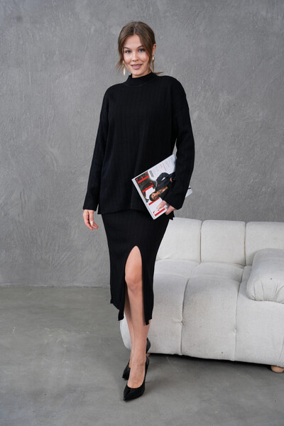 Park Karon Women's Mock Neck Sweater Slit Long Skirt Two-Piece Knitwear Set