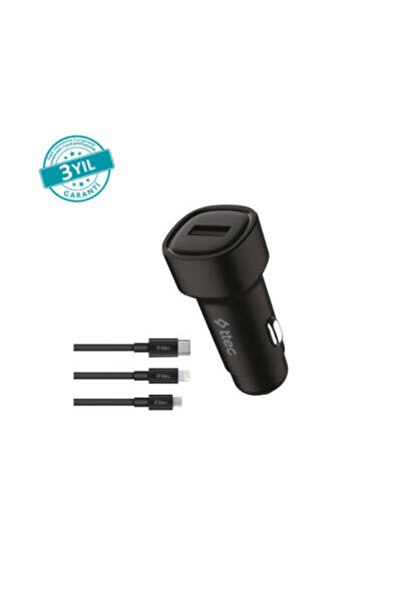Ttec SmartCharger Araç Şarj Aleti, Trio Kablo, 2.4A, 12 W, Siyah