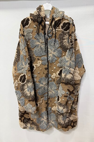 della moor Women's Camel Italian Plus Size Wool Long Felt Coat Embossed Zipper K Hooded 40-52 Size