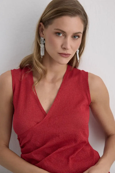 Gusto Βισκόζη Πλεκτομηχανή Μπλούζα Ασημί - Κόκκινο