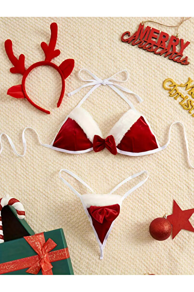 CN Sexy Plush 3 Point Role Play Christmas Reindeer Antler Lingerie Set - Red and White Ribbon Detail