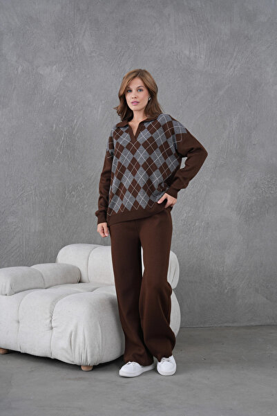 Park Karon Women's Polo Yak Abaklava Pattern Sweater Pants Two-Piece Set