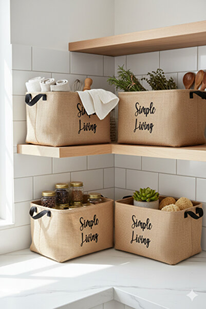 HomyJRs 4-Piece Jute Simple Living Printed Small Size Organizer Storage Basket 15X25X18
