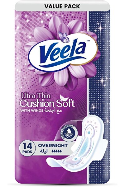 VEELA Cushion Soft Ultra-Thin Overnight Pads, Heavy Flow, 14 Count