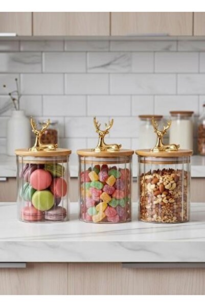 Qerhome 3-Piece Borosilicate Glass Jar with Gold Deer Figure and Bamboo Lid 500 ml
