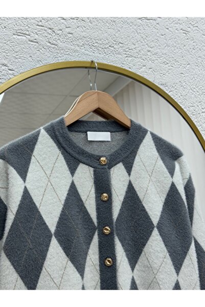 MİHRA STORE Capisa Gold Buttoned Diamond Pattern Bearded Cardigan-Kr5030 Anthracite