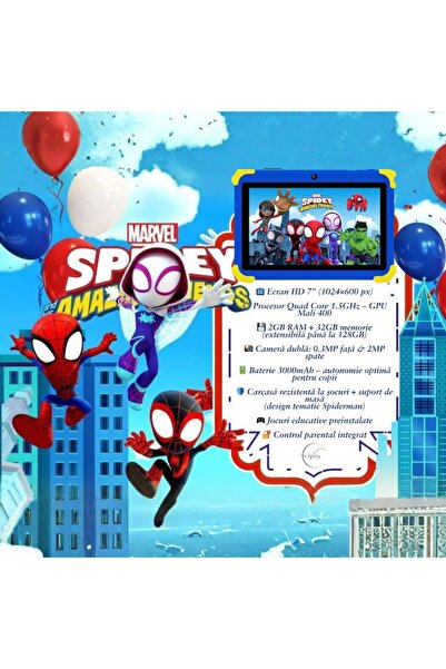 e-Wantay Spiderman Kids Tablet 7” HD, 2GB RAM 32GB, Android, Educational Games, Dual Camera, WiFi