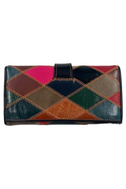 OEM Women's genuine leather patchwork wallet, multicolor, zipper & snap, 19.3x10x3 cm, black
