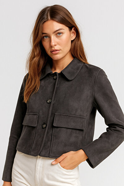 Rich Women's Smoked Cap Sleeves Patch Pocket Shirt Collar Buttoned Suede Jacket