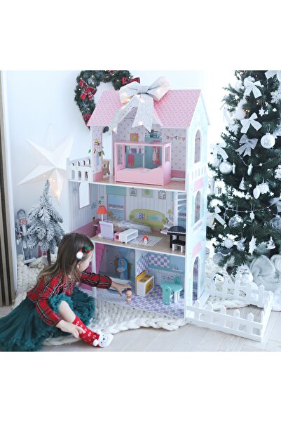 mamabrum XXL Cea mai mare casă de păpuși din lemn - 123 cm - iluminată cu LED-uri