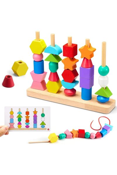 Generic Wooden Montessori 3-in-1 Color Sorting & Bead Sequencing Toy for Preschoolers