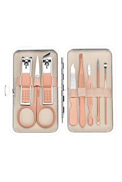 ASHOP Trusă de manichiură, oțel inoxidabil, 8 piese, portocaliu/argintiu