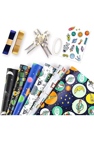 JZS ورق تغليف هدايا الفضاء الخارجي، 6 قطع، أزرق، أبيض، كحلي