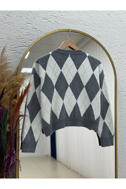 MİHRA STORE Capisa Gold Buttoned Diamond Pattern Bearded Cardigan-Kr5030 Anthracite