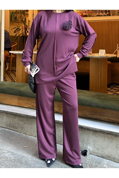 Moda İkra Women's Top and Bottom Set with Rose Detail at the Collar and Slit Details on the Sides.