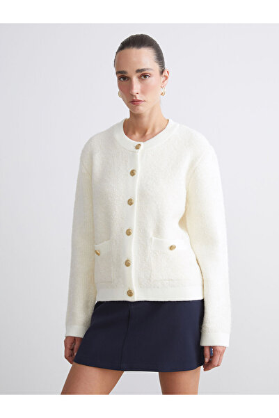 LC Waikiki Classic Ecru Crew Neck Women's Knit Cardigan