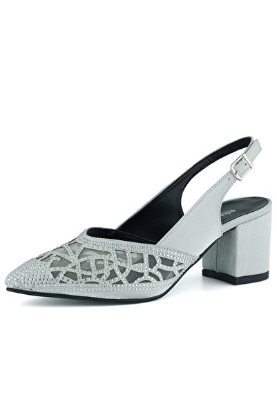 Erkan Saçmacı Estelle Silver Satin Stone Mesh Pointed Toe Thick Heeled Open Back Evening Dress Shoes