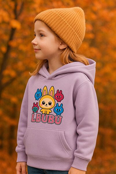 LBUBU Baskılı Kapüşonlu Polar Sweatshirt – Lila”
