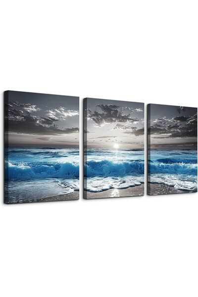 Emoda home Trove مجموعة فنون جدارية من القماش بتصميم أمواج البحر الزرقاء، بال...