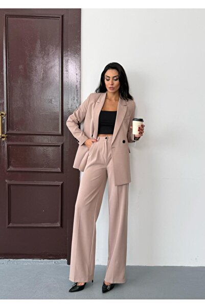Afri Beige Women's Polly Viscon Set – 1St. Class Fabric Blazer Jacket & Palazzo Pants Double Suit