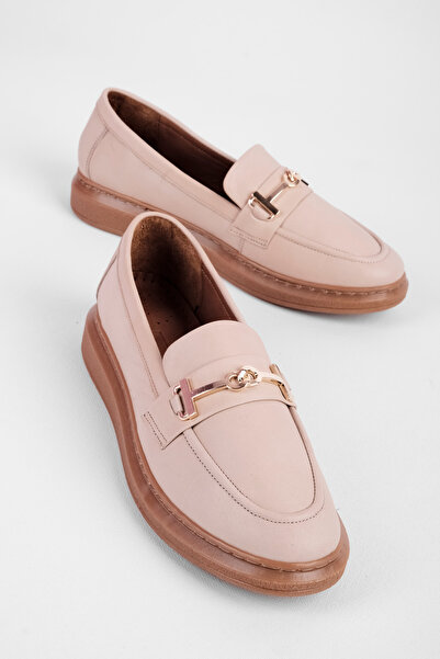 Lal Shoes & Bags Esila Women's Genuine Leather Silver Buckle Detailed Stitched Loafer Shoes 4288