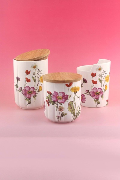 Bursa Porselen Dekor Meadow 3-Piece Wooden Vacuum Sealed Lid Porcelain Spice Jar & Spoon Holder
