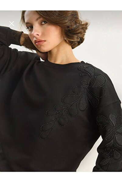 SİYAH Nakışlı Sweatshirt