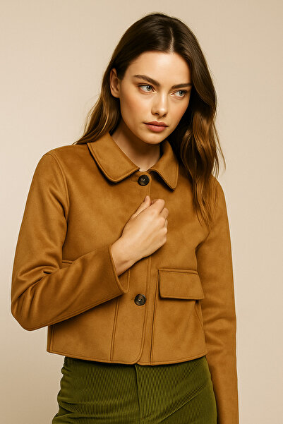 Rich Women's Camel Flap Patch Pocket Shirt Collar Buttoned Suede Jacket