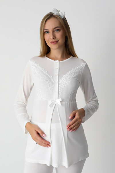 ERDENİZ TEKSTİL Σετ πιτζάμες εγκυμοσύνης με δαντέλα που διακοσμείται με βισκόζη - με παντόφλες και δώρο κορώνα