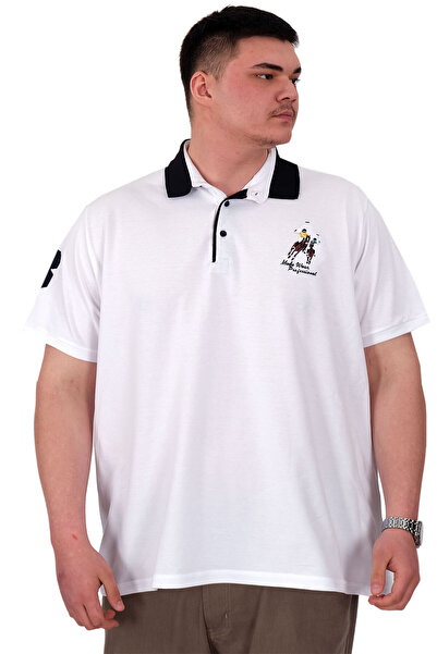 ModeXL Fashion XL Big Size Men's T-Shirt Polo Neck Embroidery Detail U25311 White