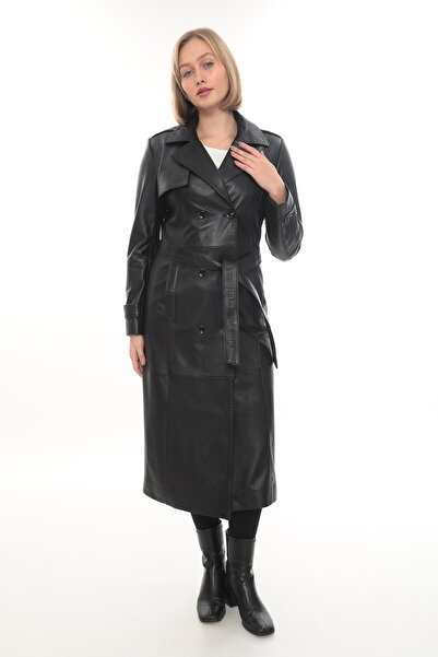 db deriburada original Deriburada Hakiki Deri Uzun Kadın Trençkot - Siyah Kem...