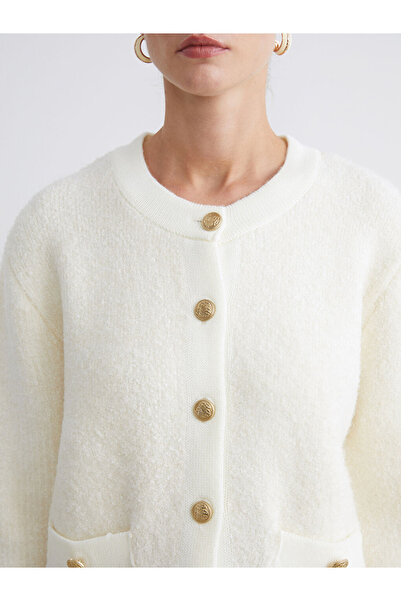 LC Waikiki Classic Ecru Crew Neck Women's Knit Cardigan