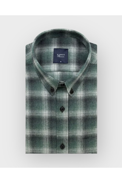 KAMER REGULAR FIT KIŞLIK UZUN KOLLU DÜĞMELİ YAKA EKOSE YEŞİL GÖMLEK 4042Y