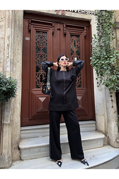 Moda İkra Women's Top and Bottom Set with Rose Detail at the Collar and Slit Details on the Sides.