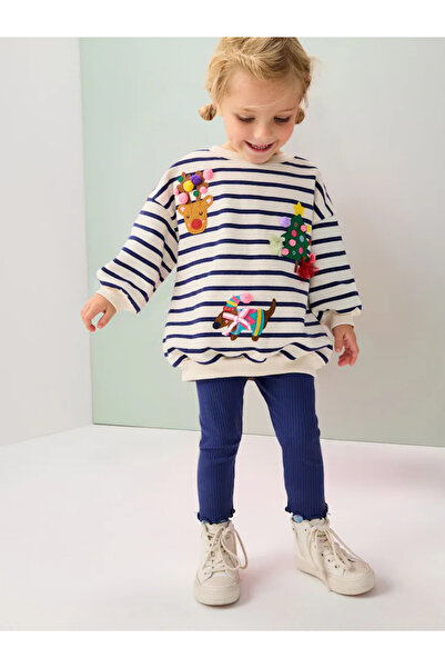 Next Baby 100% Organic Cotton Cream/Navy Blue Striped Christmas Pattern Long Sleeve 2-Piece Bottom Top Set Alyf74694