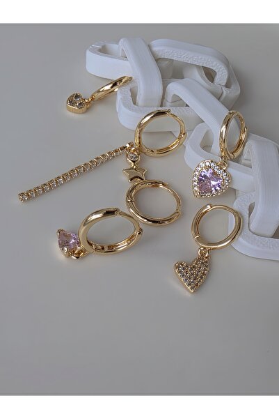 Eva Takı Store Set of 6 Heart Clover Star Pink Stone Gold Color Earrings