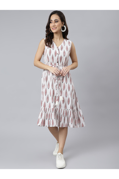IndHeritage Premium pure cotton white colour sleeveless dress with maroon ethnic leaf prints - Indo Western wear