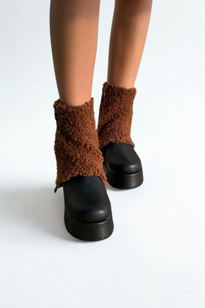 inizio Black Brown Fur Wedge Heel Women's Boots V4246