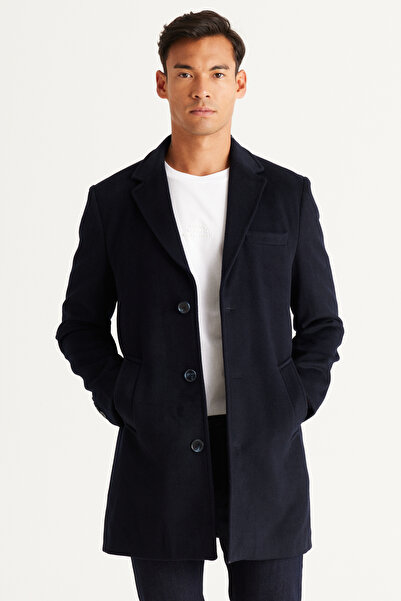 ALTINYILDIZ CLASSICS Marineblauer Standard-Passform-Wollmantel mit normalem Schnitt und Monokragen für Herren