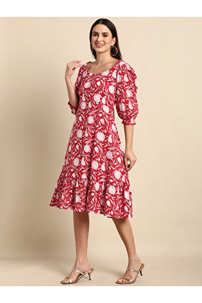 IndHeritage Premium pure cotton red & white floral designed dress - Indo Western wear