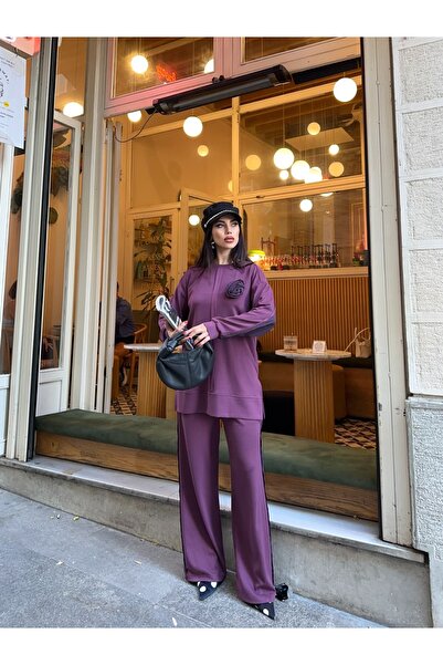 Moda İkra Women's Top and Bottom Set with Rose Detail at the Collar and Slit Details on the Sides.