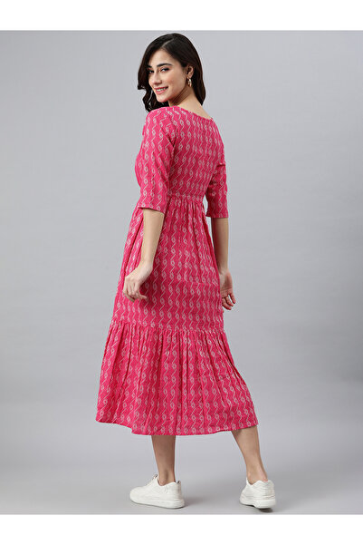 IndHeritage Premium pure cotton pink dress with ethnic prints & tie on the waist area - Indo Western wear