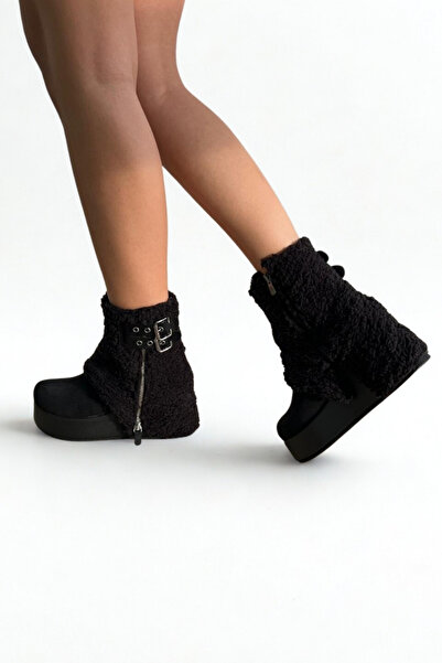 inizio Black Suede Fur Wedge Heel Women's Boots V4246