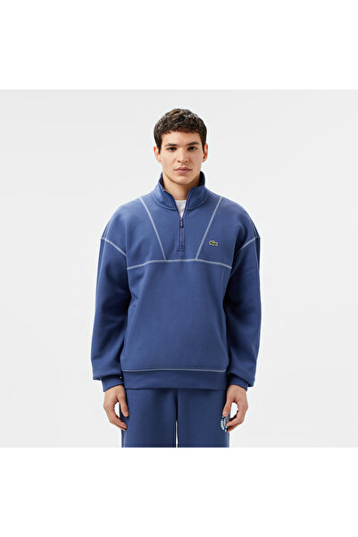 Lacoste Erkek Relaxed Fit Yarım Fermuarlı Renk Bloklu Mavi Sweatshirt
