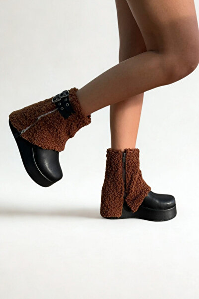 inizio Black Brown Fur Wedge Heel Women's Boots V4246