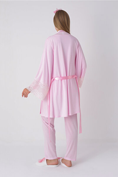 ERDENİZ TEKSTİL Maternity Pajama Set with Nursing Lace Detail Viscose Fabric - Includes Slippers and Crown Gift