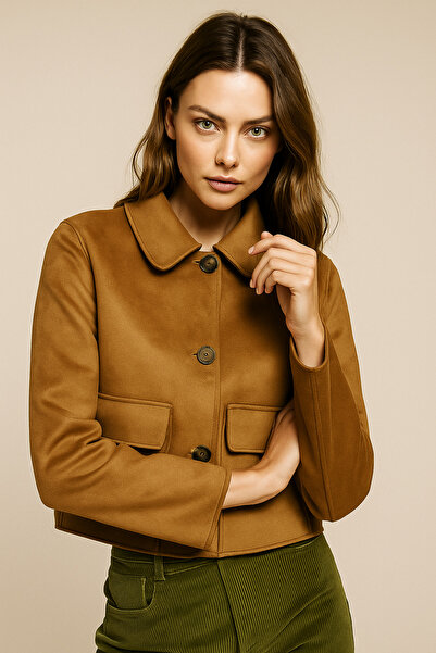 Rich Women's Camel Flap Patch Pocket Shirt Collar Buttoned Suede Jacket