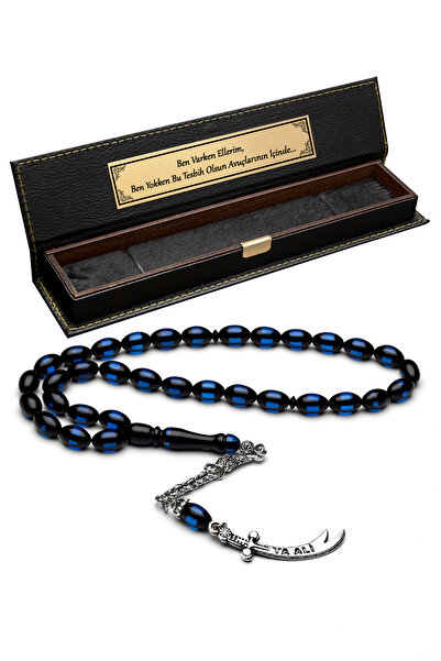 OTTOTESBİH Men's Zulfiqar Sword Dark Blue Velvet Powder Amber Prayer Beads