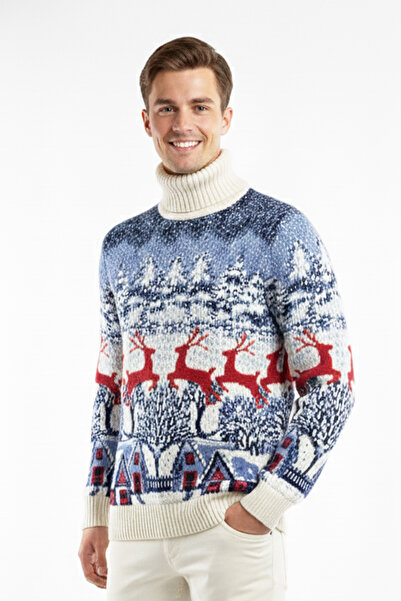 Pulltonic Мъжки пуловер с мотив на елен и рибарска яка